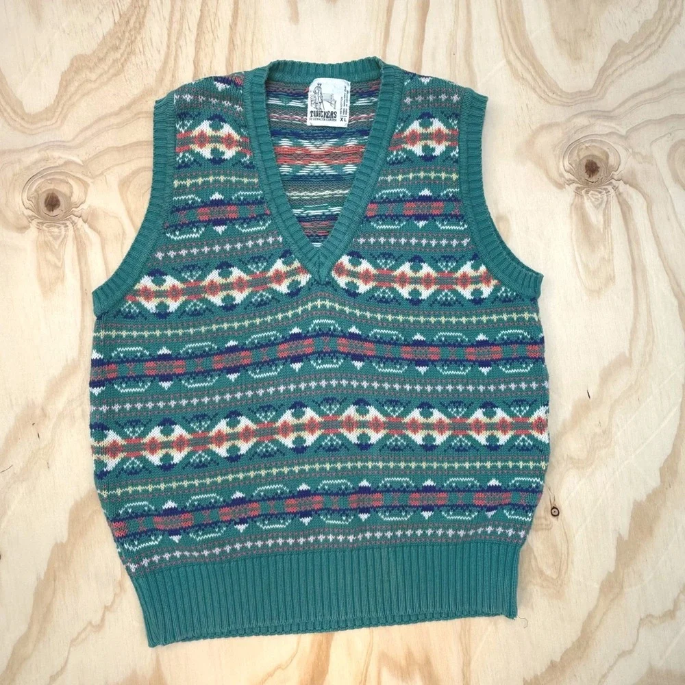Twickers Kenneth Gordon Vintage Fair Isle Cotton Sweater Vest Teal XL Mens